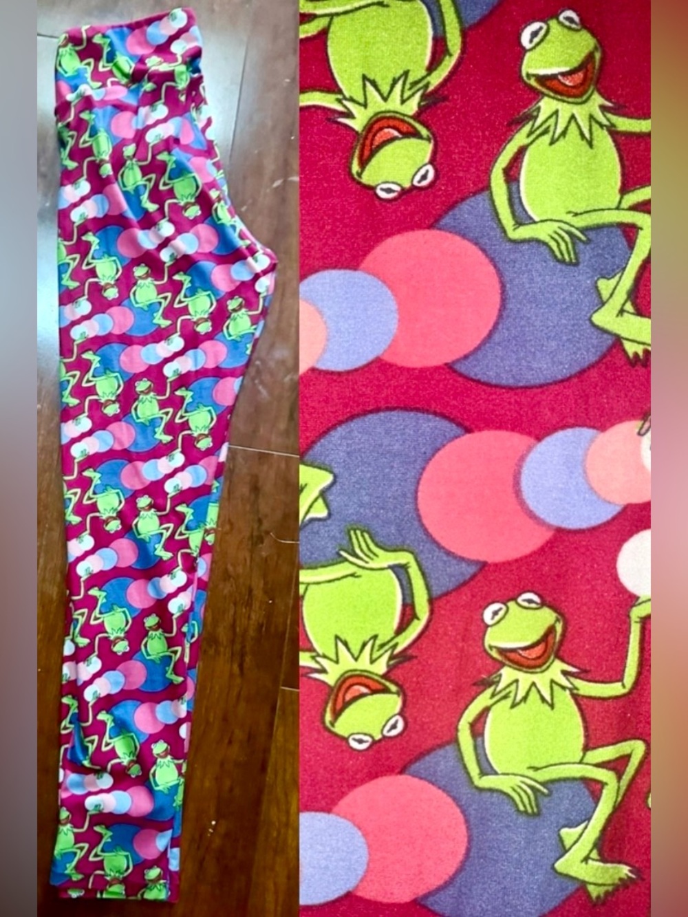 LULAROE PINK/BLUE BUBBLES KERMIT THE FROG LEGGINGS~ONE SIZE